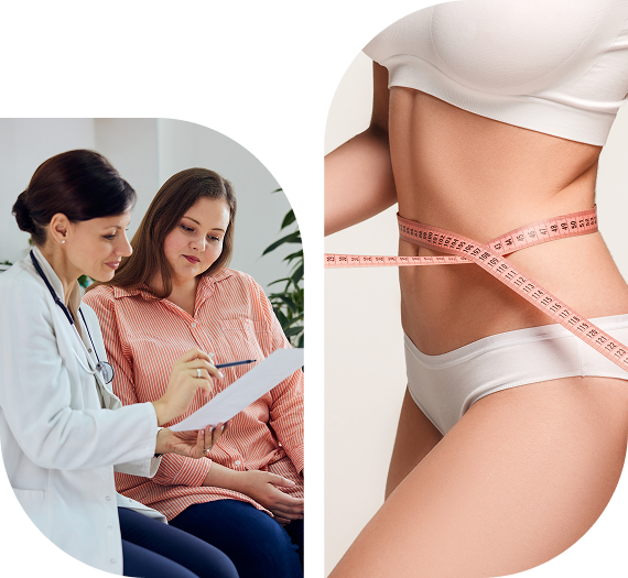 On the left, a doctor discusses with a seated woman. On the right, a person in white underwear measures their waist with a pink tape measure.