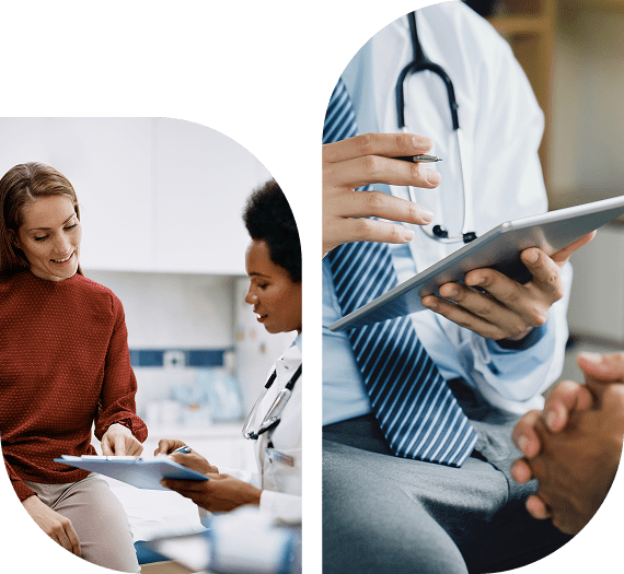 A patient consults with a doctor holding a clipboard on the left. On the right, a doctor in a white coat holds a tablet.