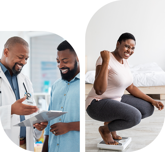 On the left, a doctor shows a clipboard to a smiling man. On the right, a woman happily checks her weight on a scale.