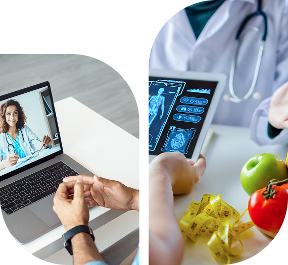 Split image showing a virtual medical consultation on a laptop and a nutrition consultation with a tablet displaying health data, a measuring tape, an apple, and a tomato on a table.
