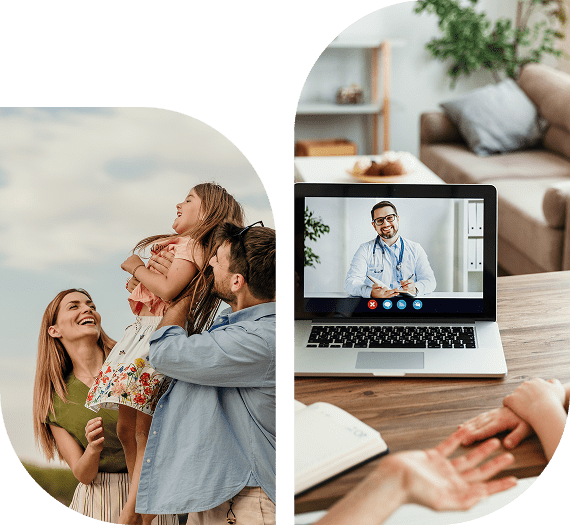 Split image: left shows a joyful family with a child outdoors; right shows a person video chatting with a doctor on a laptop in a living room.