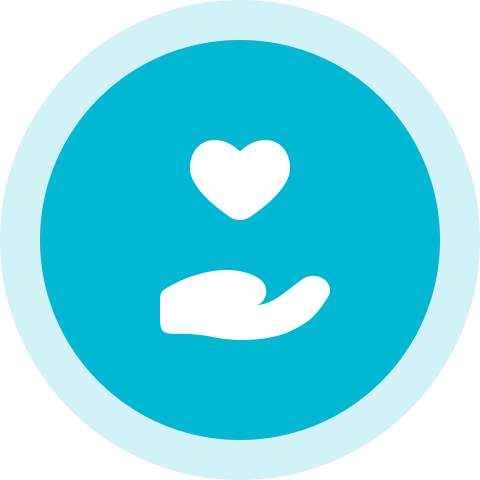 A blue circle with a heart and a hand