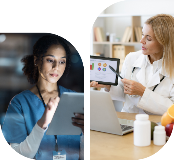 Two images: Left, a healthcare professional with a tablet. Right, a female doctor pointing to a tablet with graphs, next to a laptop and medicine bottles.